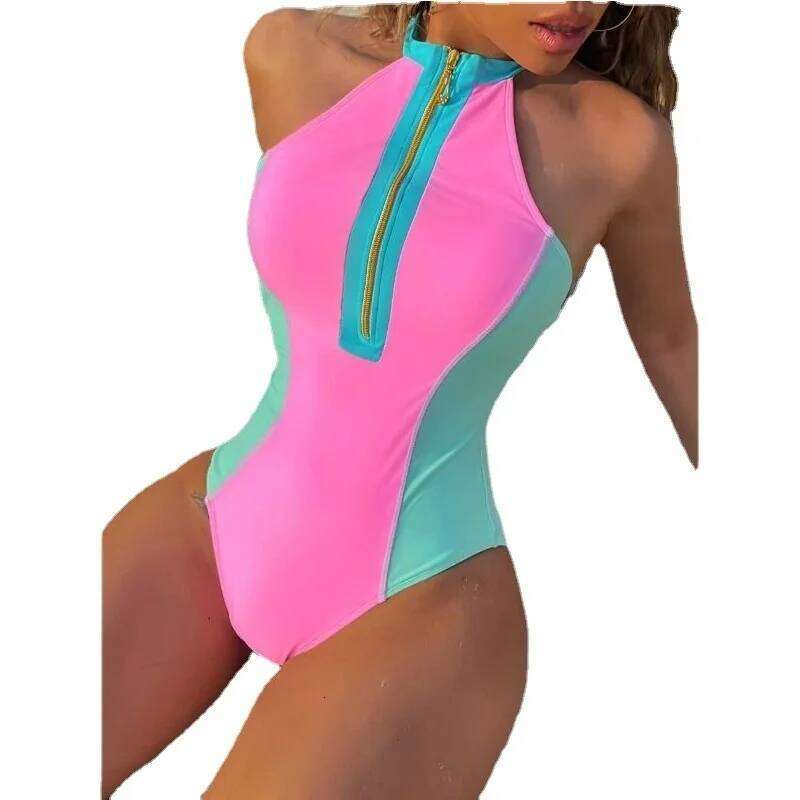 New Color Contrast Bikini Women's Conservative Zipper One-piece Swimwear Trend 2023 Kawaii Swimsuit Y260303