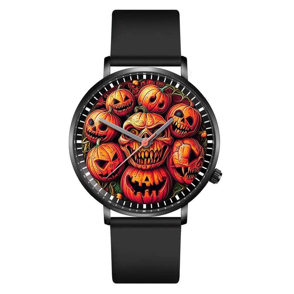 Pumpkin Design Men's and Quartz Watch Casual Black Silicone Halloween Gift Fashion Women's Wristwatch
