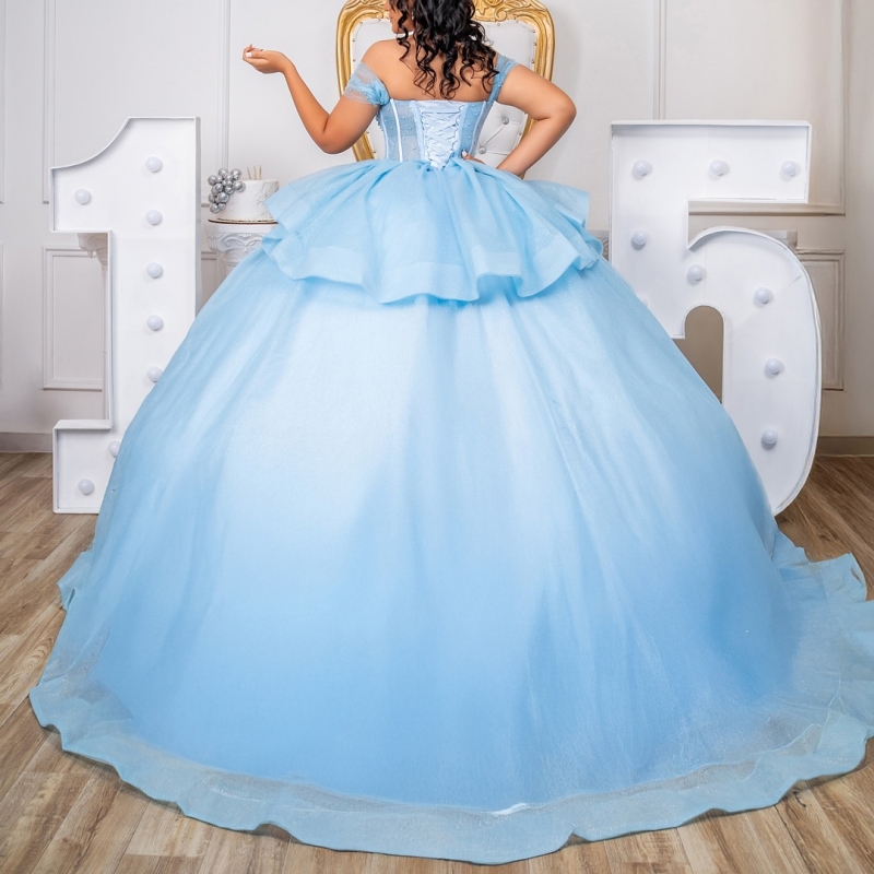 Sky Blue Shiny Ball Gown Quinceanera Dresses 2026 Beading Crystal Tull Corset Off Shoulder Sweet 16 Dress Vestidos De 15 Anos