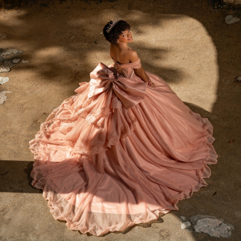 Pink Shiny Ball Gown Quinceanera Dresses 2026 Beading Crystal Bow Tull Corset Off Shoulder Sweet 16 Dress Vestidos De 15 Anos
