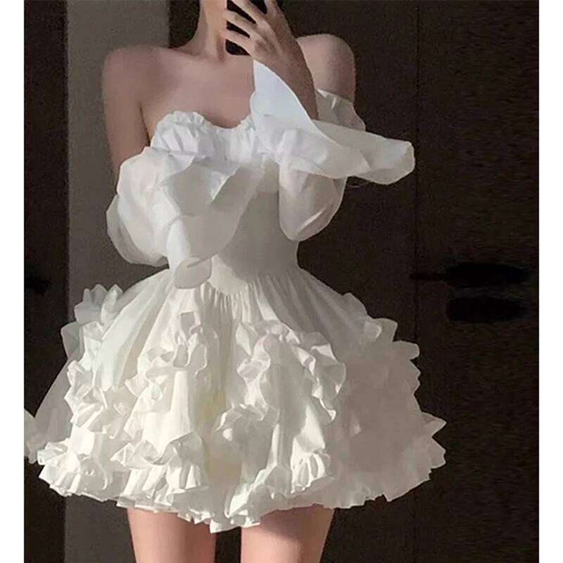 Elegant White Mini Dress Women Fashion Party Prom Luxury Strapless Dresses Summer Korean Sexy Ruffles Backless Bodycon Vestidos C260312