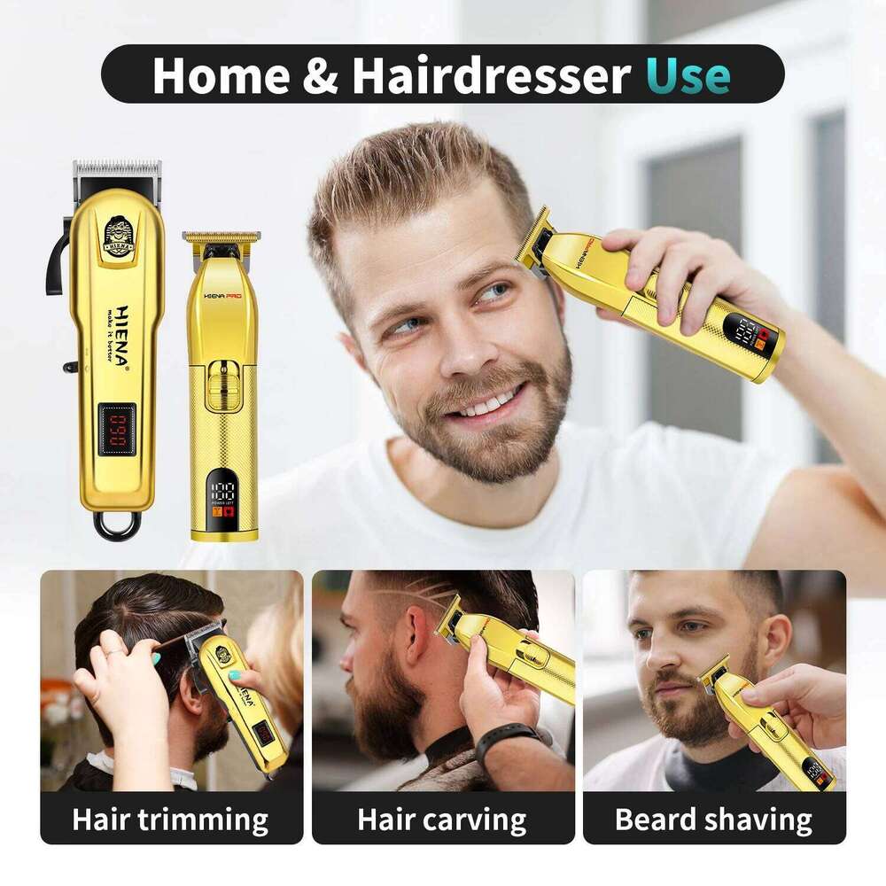 HIENA Professional Gold Hair & Trimmer Kit for Men, Cordless Barber Clippers with Digital Display, 240 Min Runtime C260312