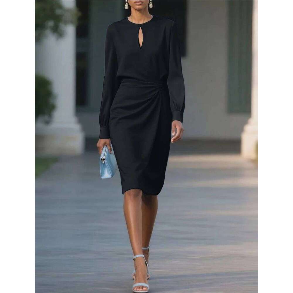 Elegant Woman O Neck Hollow Out Sleeve Office Dress Women Slim A-Line Party Long Dresses C260312