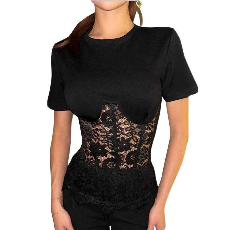 Women's Lace Patchwork Bandage Tops See Through O-neck Short Sleeve T-Shirts 2026 Spring Summer Fashion Lady Casual Pullover New