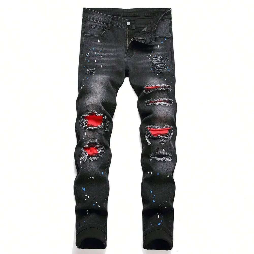 y2k Stretchy Skinny Jeans For Men Casual pants Ripped Patchwork Hole Slim Fit Denim Hip Hop Black Straight Trousers 26Y0312