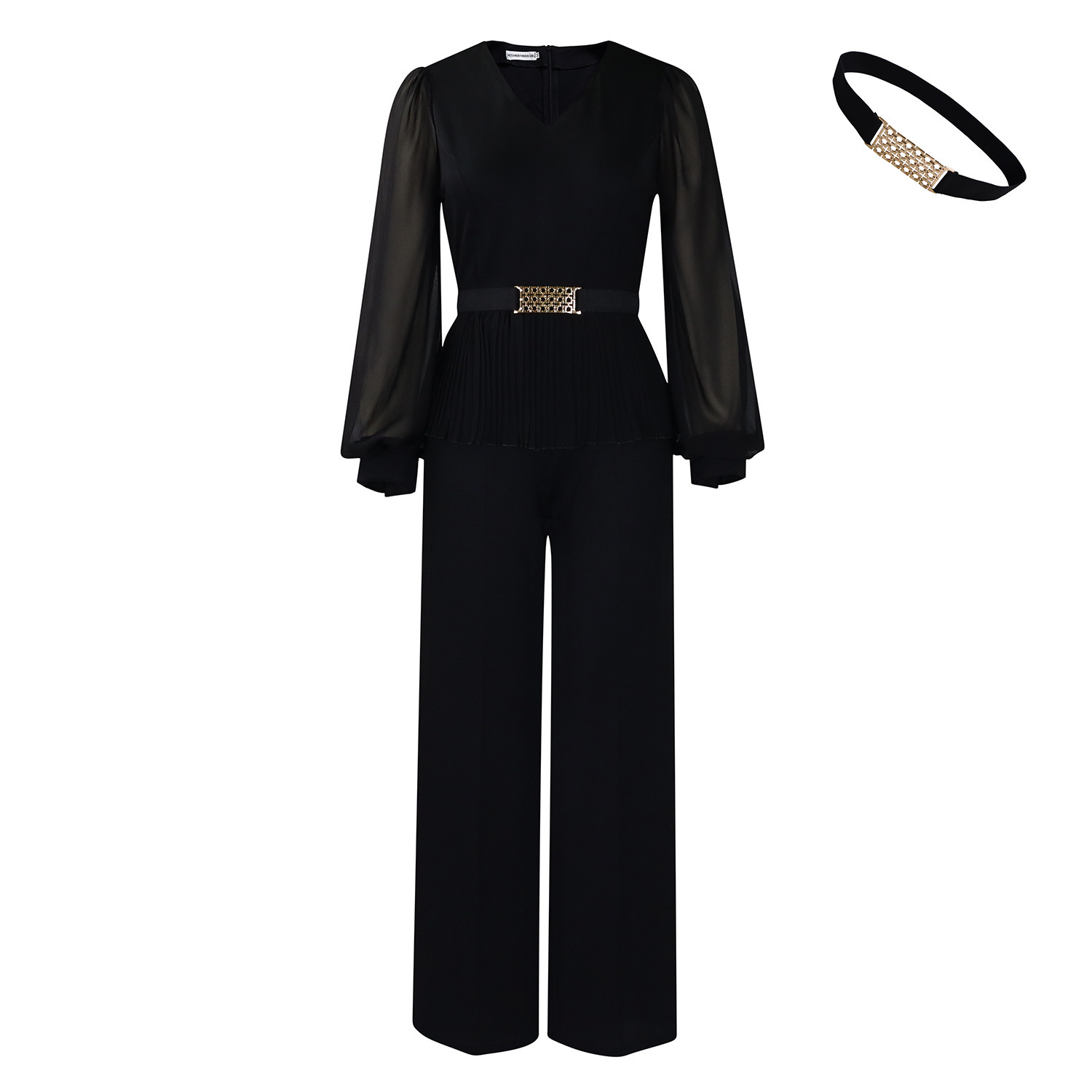 D555 Womens Elegant Fashion Office V-neck Long Sleeve Pleated Waist Top Wide-leg Pants Set