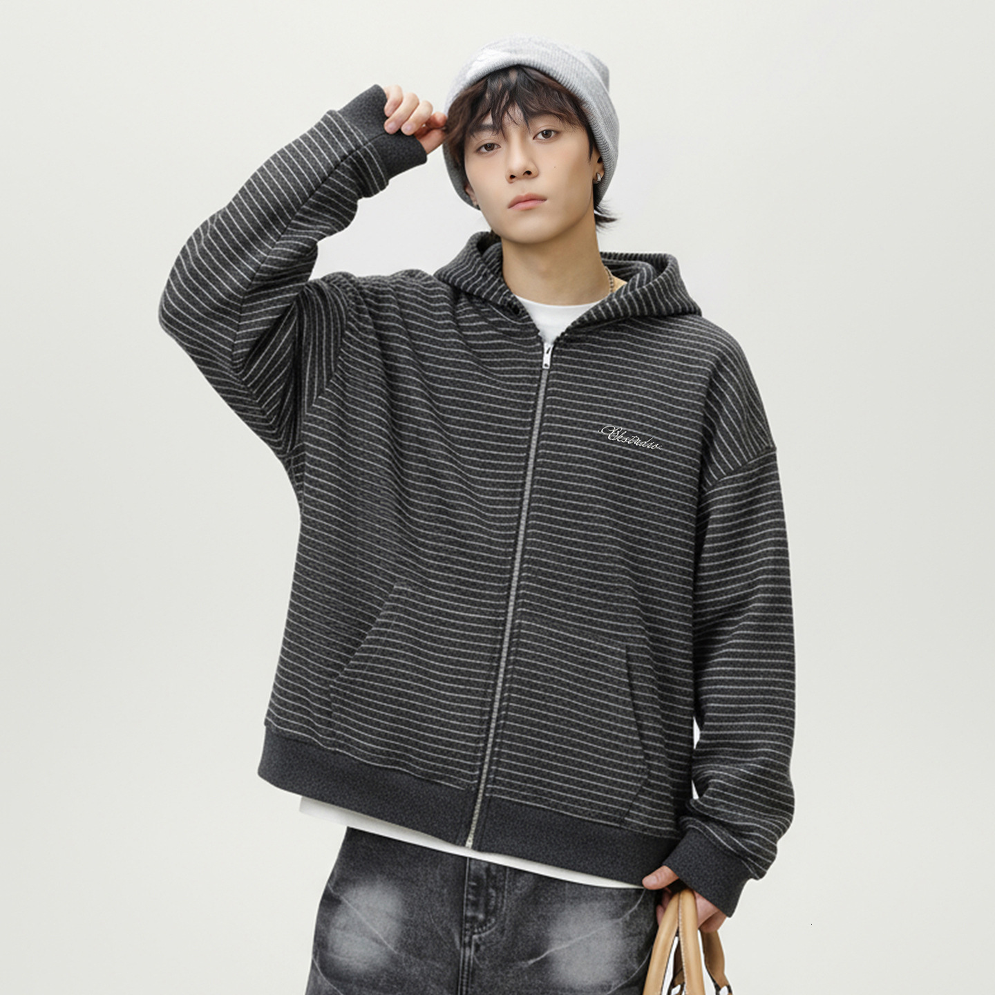 Retro Color-block Striped Cardigan Hoodie Autumn And Winter Style Designer Hoodie Loose Fit Textured Thickened Warm Hoodie Jacket