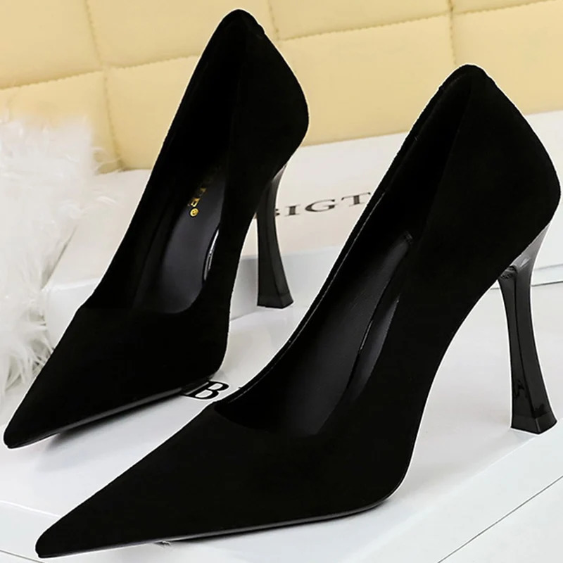 Autumn Simple Elegant 10cm 7cm High Heels Stiletto Womens Shoes Pointed Black Etiquette Professional Single Wedding 260306