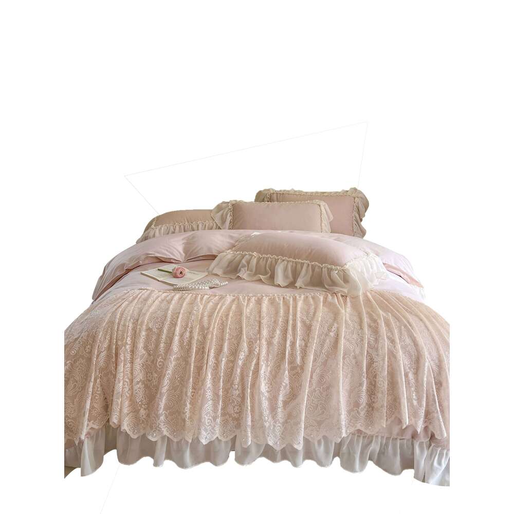 Korean Style Soft Cotton 3D Rose Lace Bedding Set, King Queen Princess Duvet Cover Bed Skirt Bedspread,High end Home 4pcs H260312