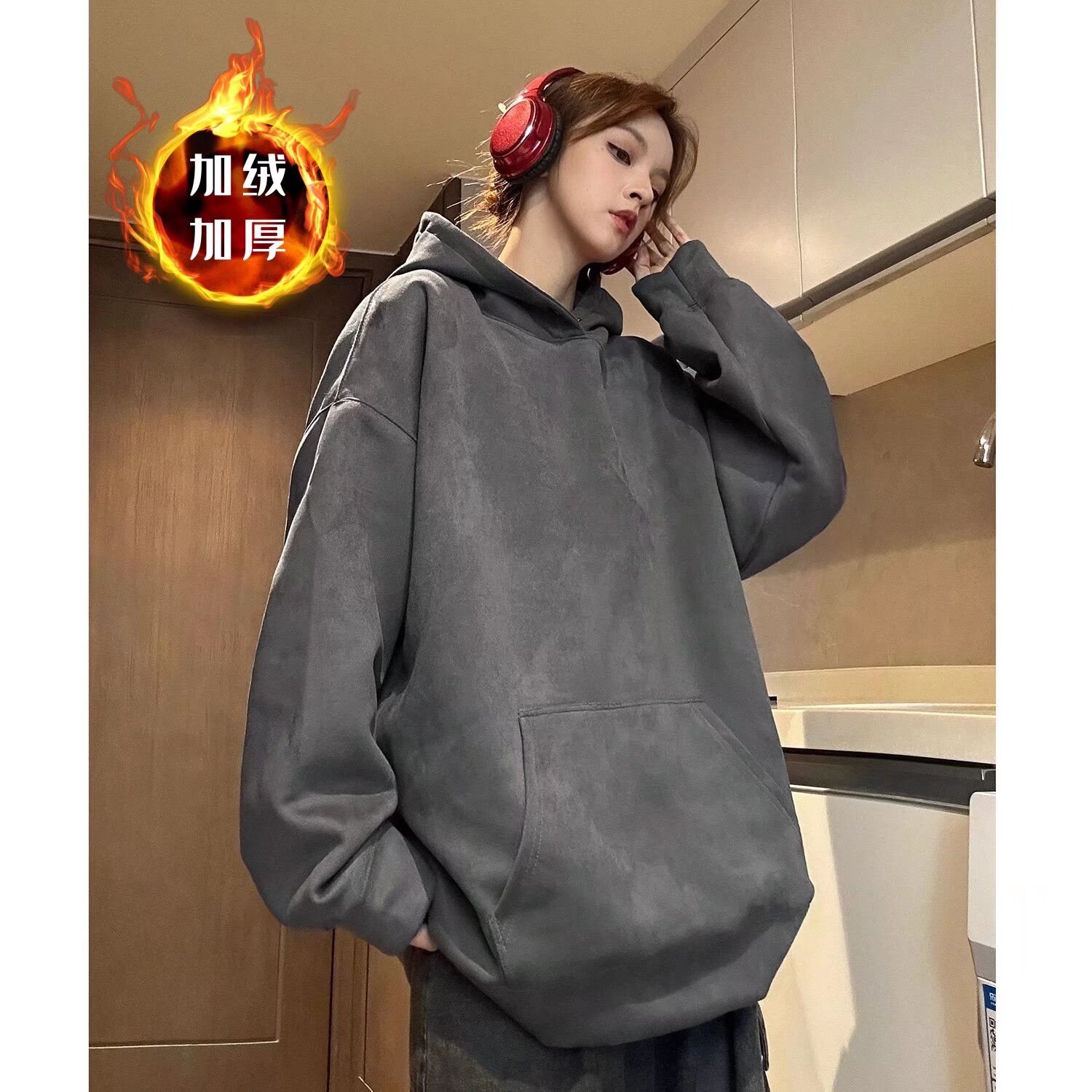 Solid Color Heavy-duty Suede Hooded Sweatshirt New Autumn And Designer Hoodie Winter Versatile Casual Fleece-lined Smooth Sweatshirt For Both Men And 