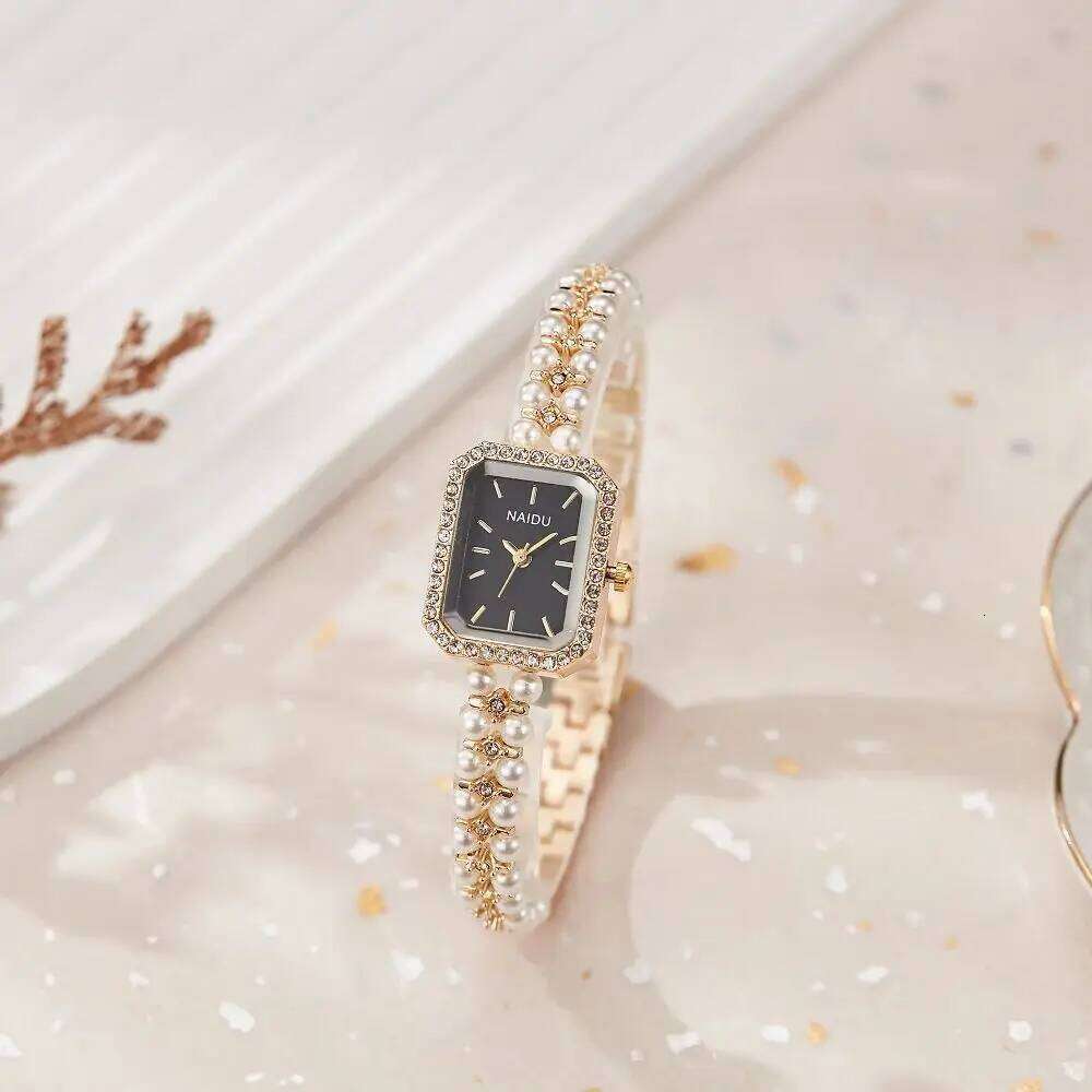 Fashionable Luxurious Ladies' Wristwatch Rhinestone Square Dial Imitation White Pearl Strap Waterproof Women Quartz Watch Reloj