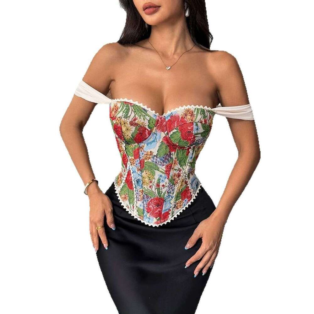 Cross-Border Foreign Trade Women's Fashion New Niche Retro French Jacquard Court Style Wrap Fishbone Chest Cotton Vest 71097