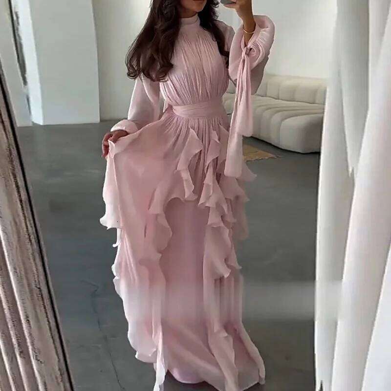 Spring Fall Elegant Evening Long Women Fashion Half-high Collar Waist Slim Holiday Casual Ruffled Solid Party Dress C260311
