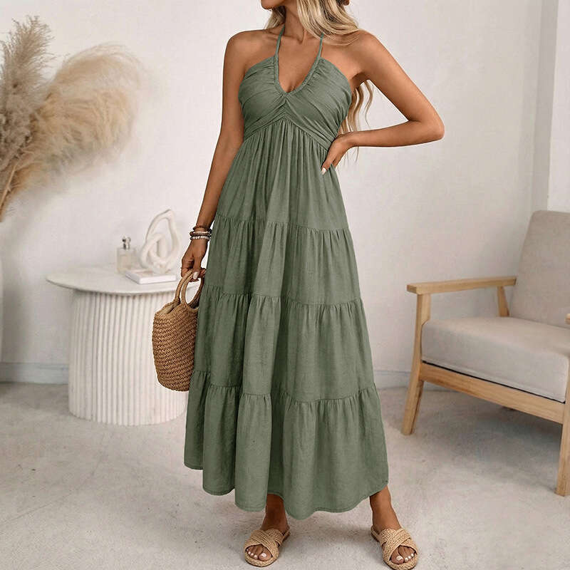Cross-border European and American 2026 new summer casual ruched backless halter neck strap dress women's clothing