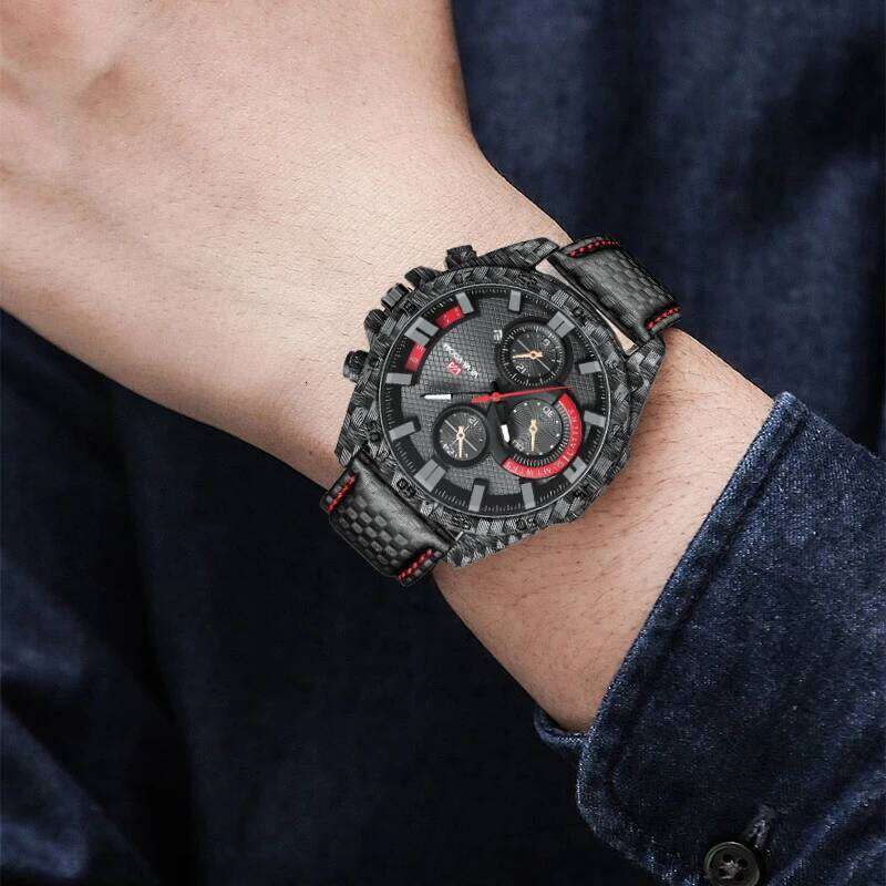 Leather With Fashionable Carbon Fiber Shell 46mm Large Dial Sports Clock Quartz Movement Military Style Watch for Men