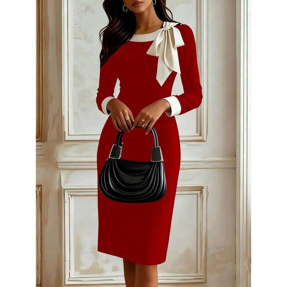 Women's Autumn Professional Elegance Bow Tie Color-blocked Career Dress Goddess Style Tailored Fit C260311