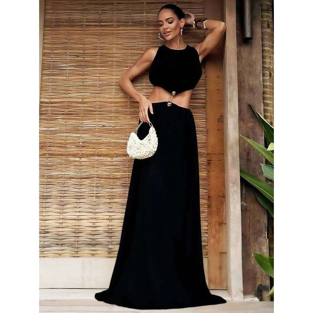 Nibber Sleeveless Waistless Maxi Dress Women o-Neck Metal Trim Skinny Elegant Summer Chic Hipster Prom Party Vacation Vestidos C260312