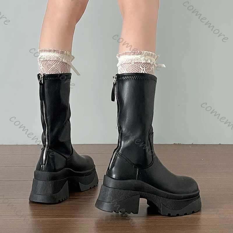 Comemore Chunky Platform Heel Women Ankle Boots Fashion Back Zippers Shoes Autumn Winter Black High Heel Leather Mid Calf Botas S260312