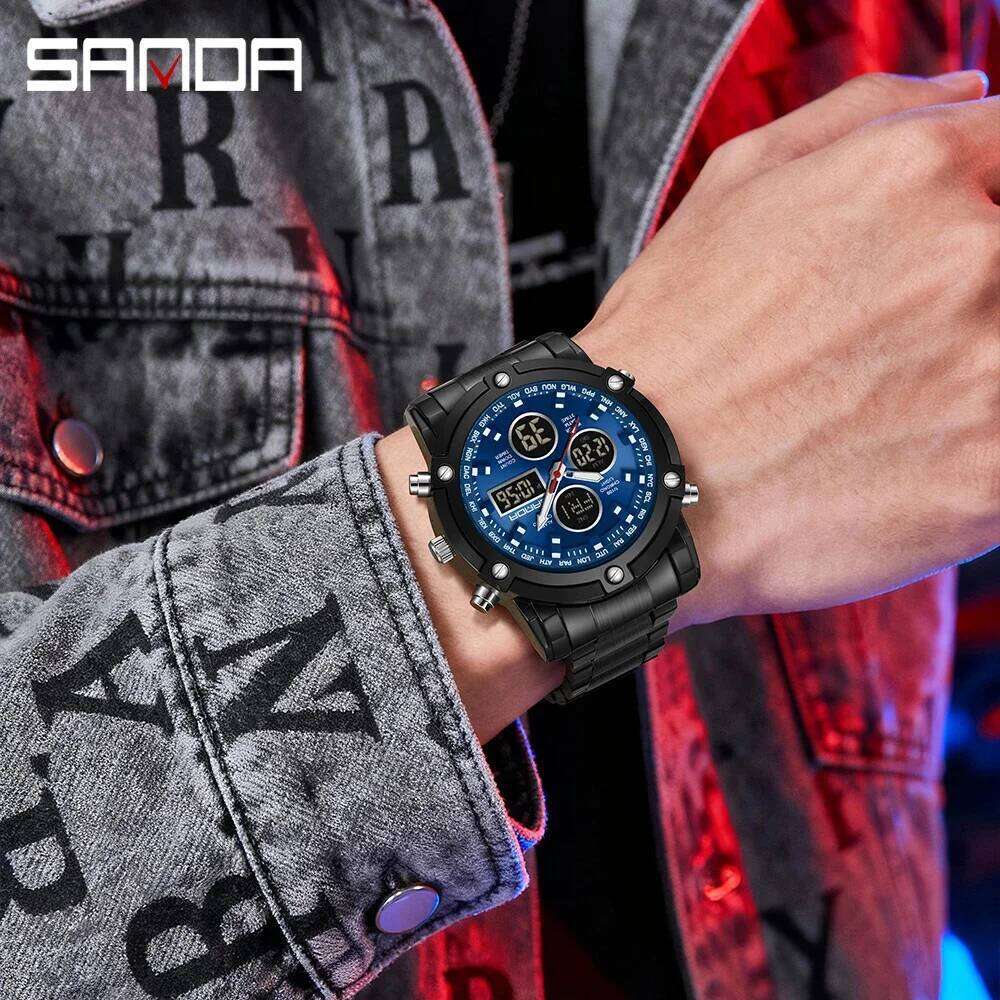 SANDA 3394 Waterproof Shock Resistant Outdoor Sports Chronograph Wristwatch New Design For Men Stainless Steel Strap Alarm Mode