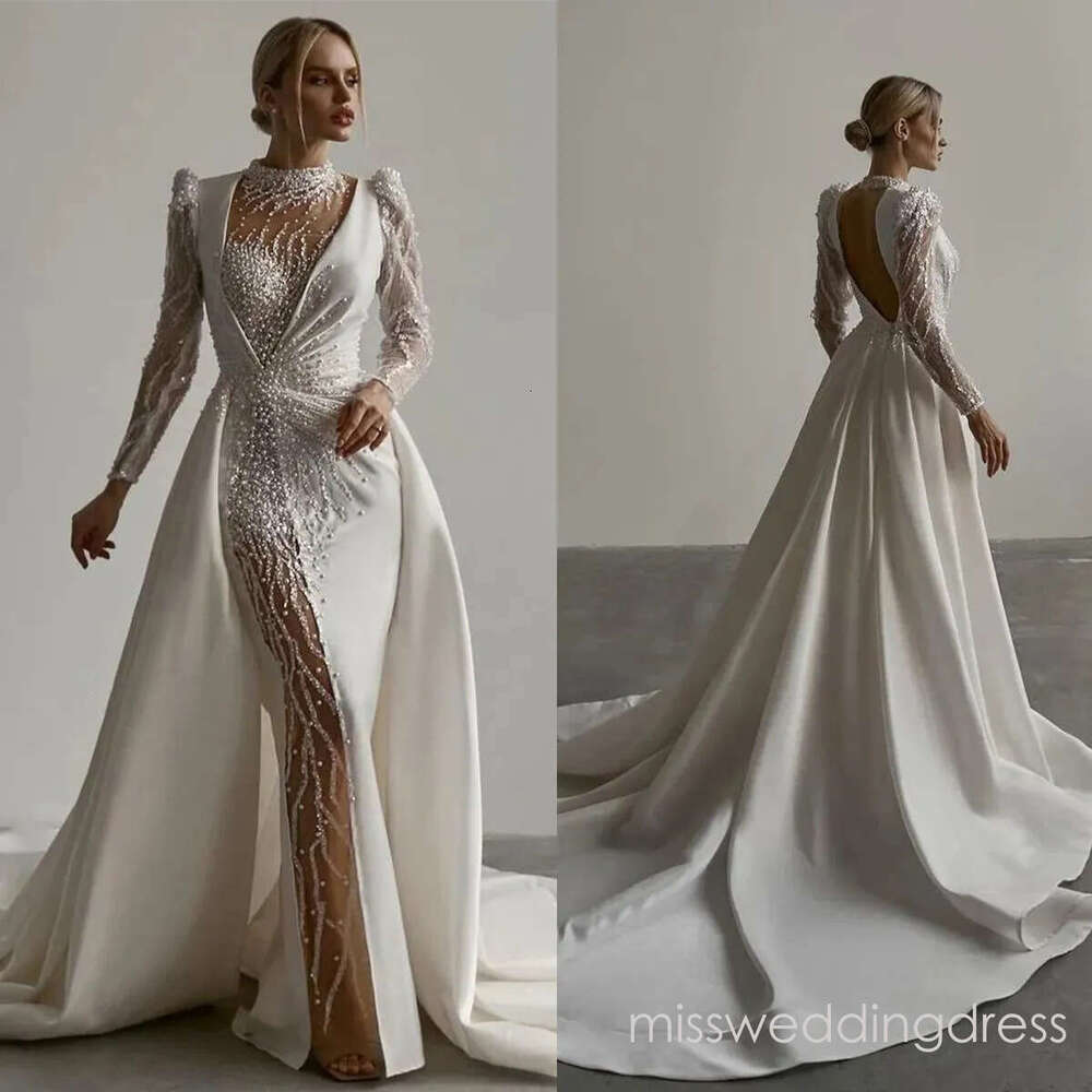 Gorgeous Pearls Mermaid Wedding Dress Sequins High Neck Bridal Gowns with Overskirts Custom Made Bride Dresses Vestido de novia
