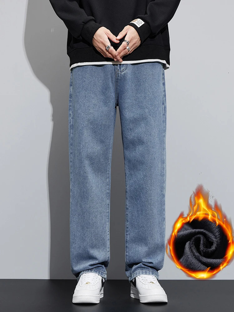 Winter Fleece Jeans Mens Loose Wide Leg Gray Classic Denim Pants Warm Fashion Streetwear Korean Straight Casual Plush Trousers 260228
