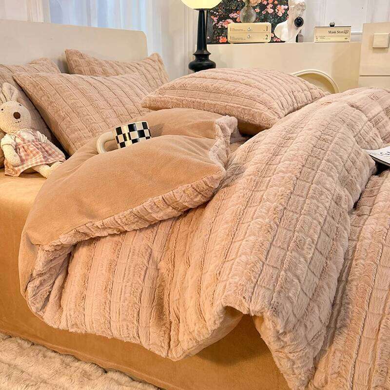 Warm Imitation Rabbit Fur Velvet Bedding Set,AB Side Duvet Cover,Flanne Plush Bed Sheet,Queen King Home Bedclothes Drop shipping H260312