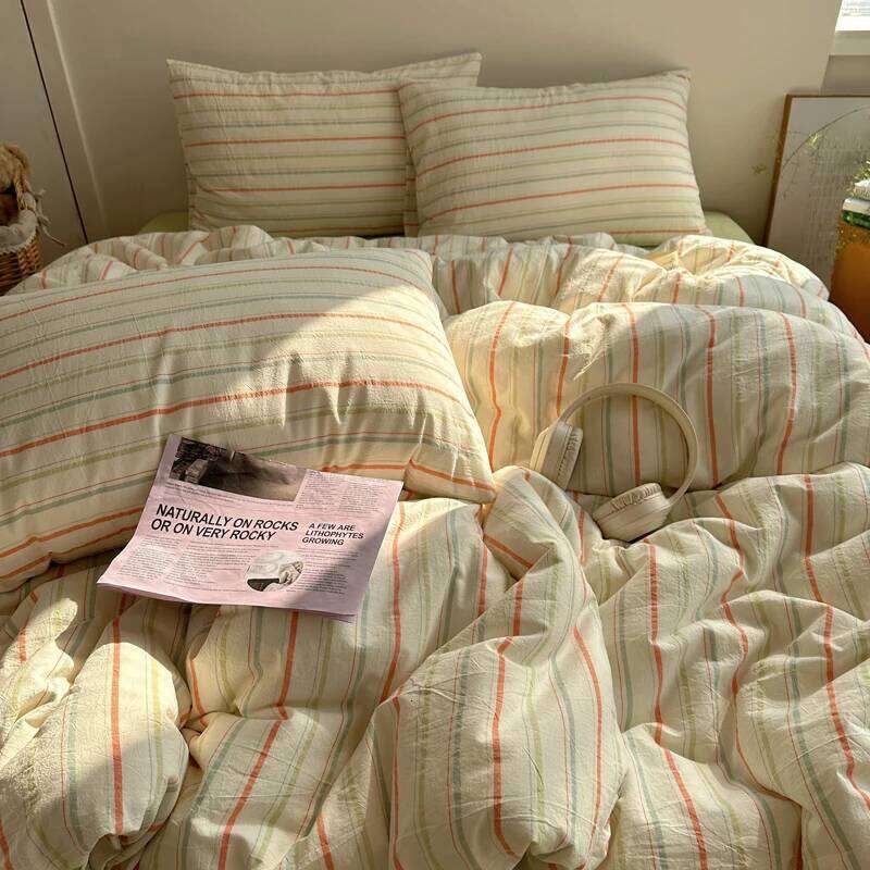 Aimple Stripe Bedding With Pillowcase Sheet Full Size Washed Cotton Duvet Cover Set King Double Single Bed H260312