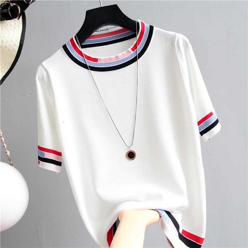 Casual Tees Women Knitting Tops patchwork short sleeve Ladies Shirts Summer sweaters Female Pullovers Pink White LooseT260312