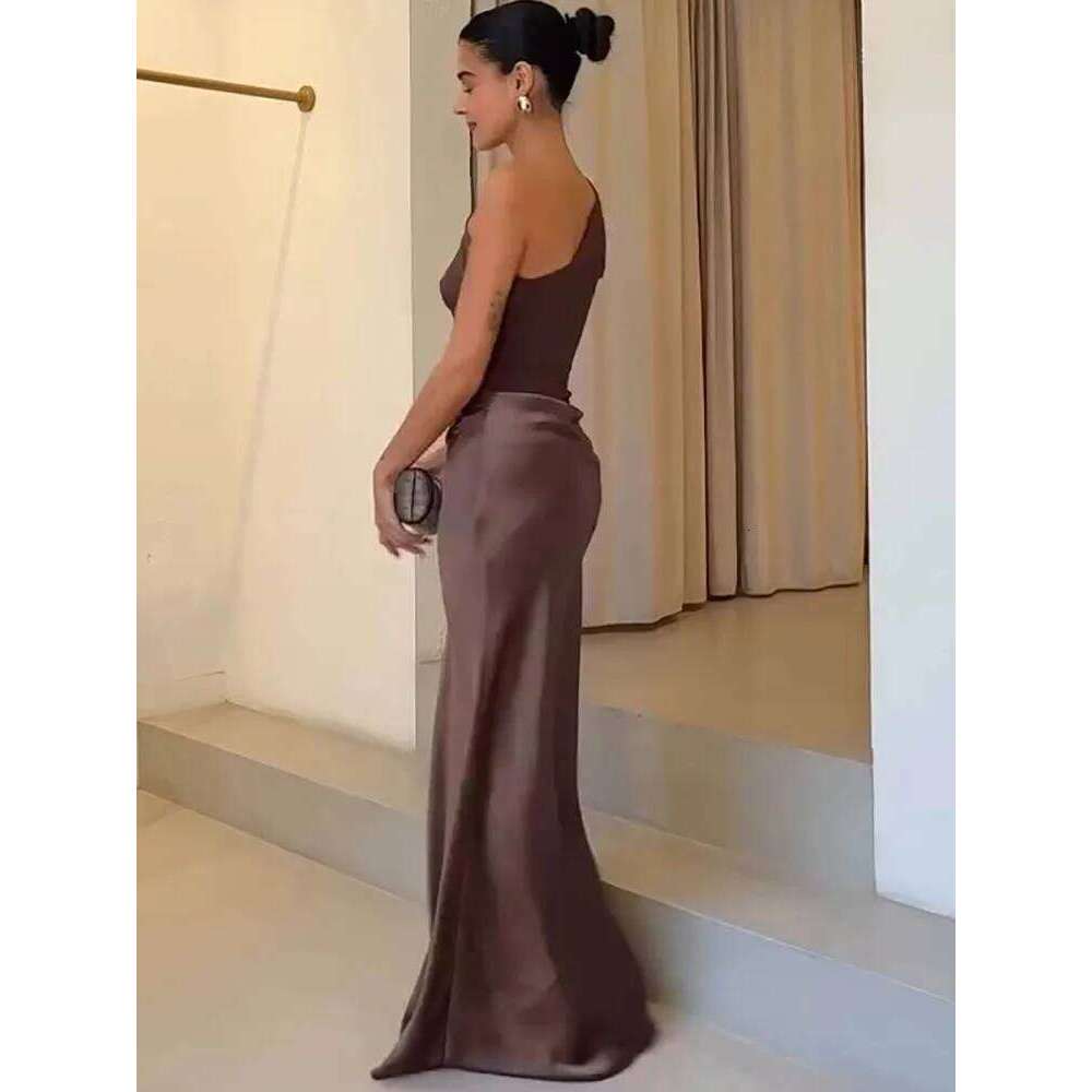 JULISSA MO Patchwork Satin Sexy One Shoulder Women Maxi Brown Sleeveless Evening Dress Summer Slim Elegant Party Clubwear C260312