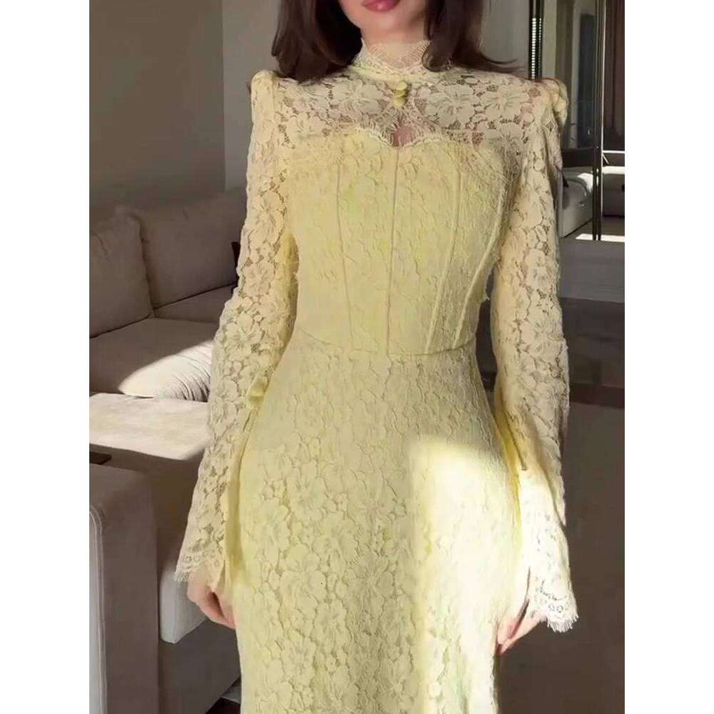 Women Elegant Embroidery Hollow Casual Long Sleeve Solid Slim Party Dress Fashion Half High Collar Temperament Gowns C260312