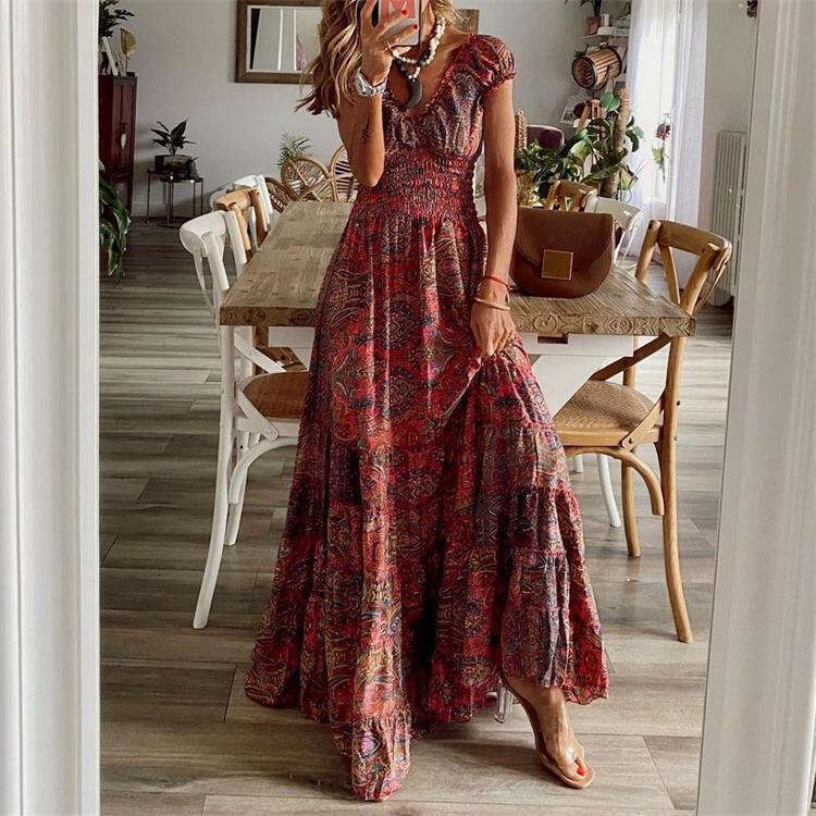 2026 European and American cross-border new bohemian style waist-cinching long with printed large hem women's dress