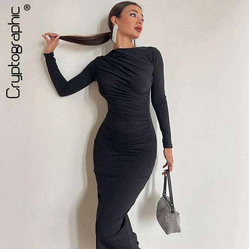 Cryptographic Autumn Elegant Ruched Long Bodycon Dress Fashion Outfits for Women Club Party Sexy Dresses Birthday Robes C260312
