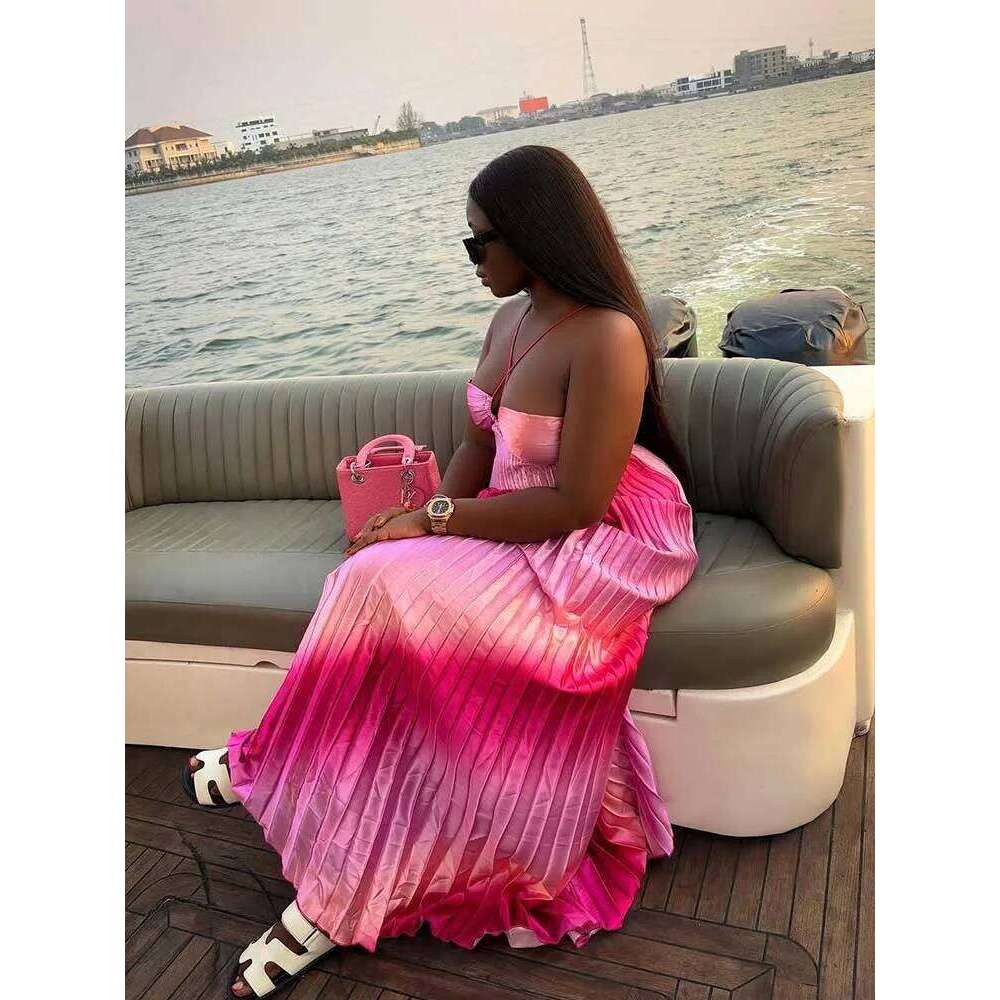 Women's Halter Top Prom Dresses Pleated Elegant Pink Backless Maxi Summer Dress Evening Wear Sexy Outfit C260311