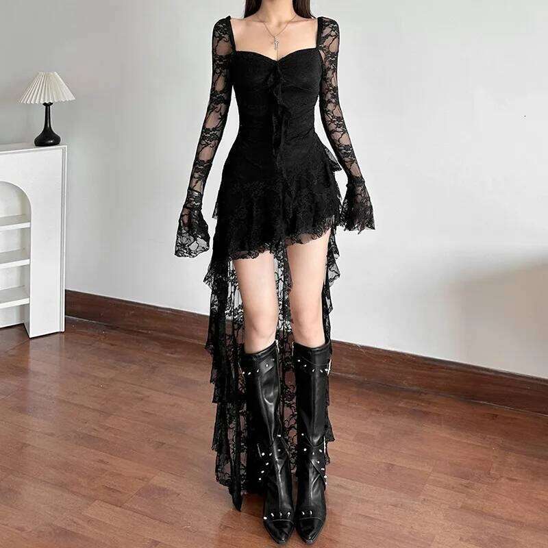 Goth Dark Fairycore Lace Flare Sleeve Square Neck A-line Dress Sweet E-girl Irregular Long Hem Dresses Cyber Y2K Party Vestido C260311