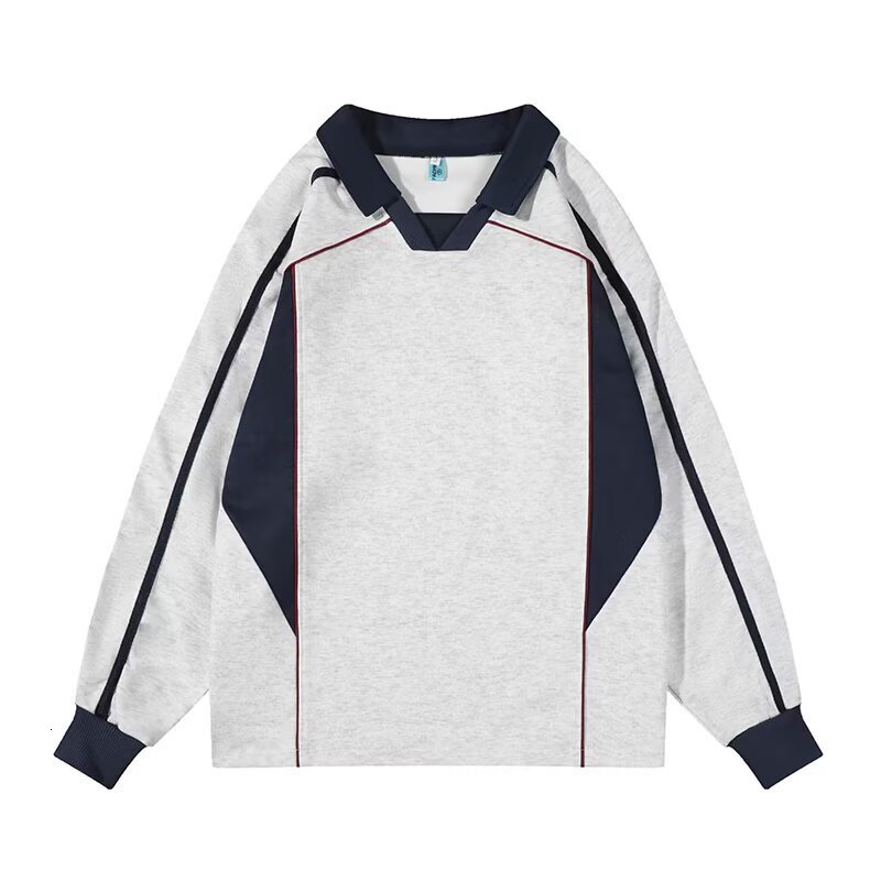 Retro Color-blocking Sports Style Long-sleeve T-shirt For Men Trendy Street Designer Hoodie Style Couple's Polo Collar Blank Sweatshirt