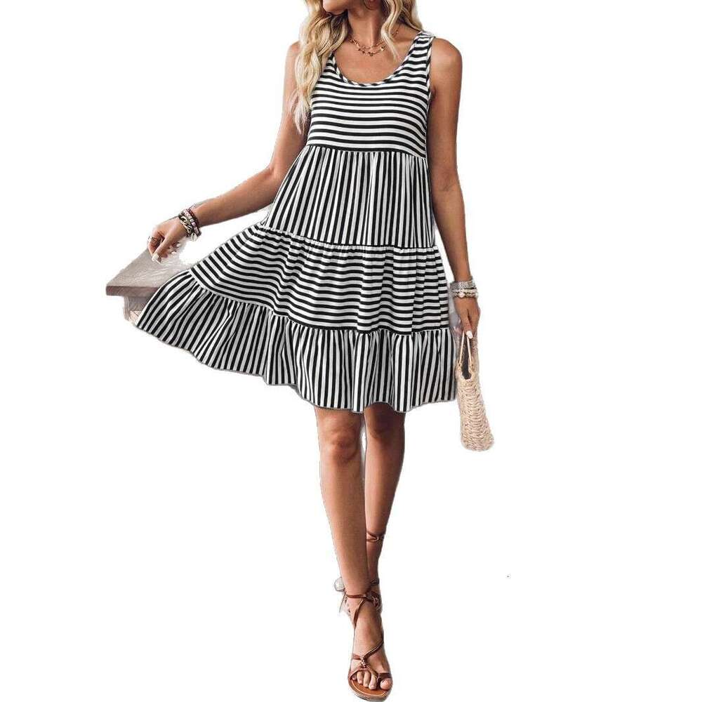 2025 Summer New Pullover Round Neck Loose Sleeveless Women, European and American Fashion Trend Striped Short Dress for Women
