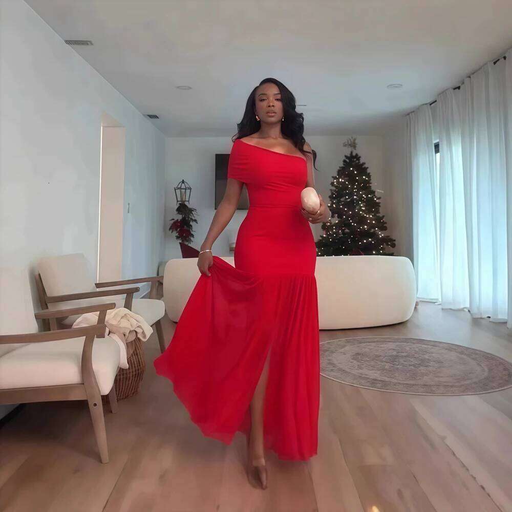 Stylish Evening Sexy Club Party Holiday Maxi Dress for Women Elegant Skew Neck One Sleeve Off Shoulder Mesh Slit Long Dresses C260311
