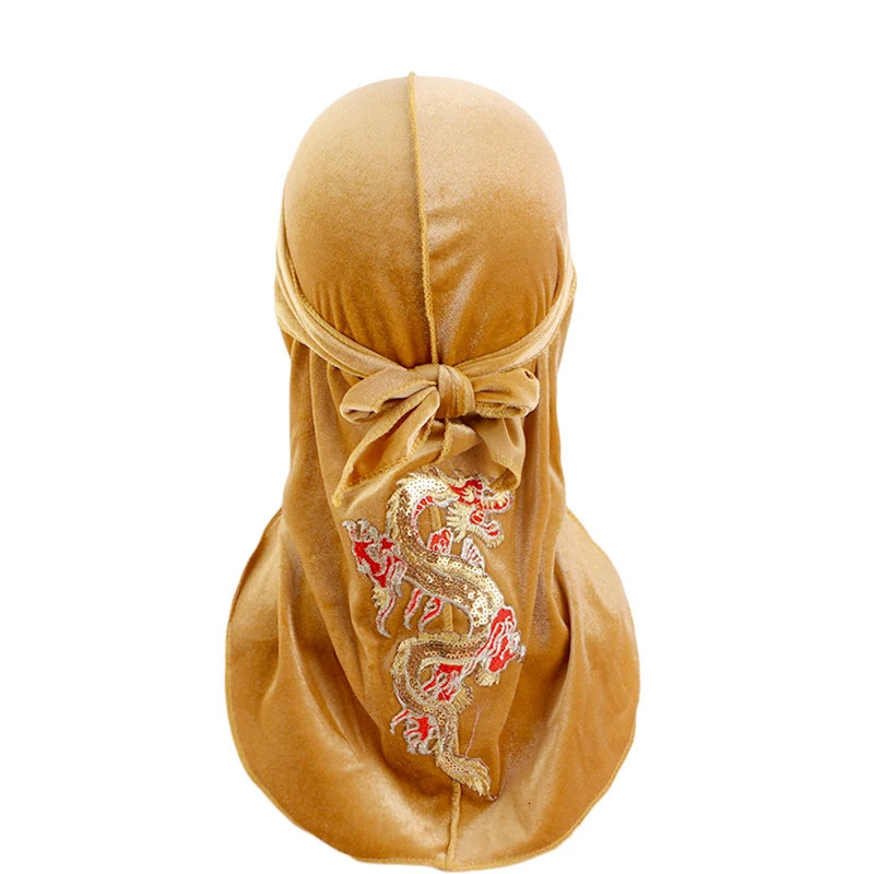 Mens Dragon Pattern Velvet Durags Bandanas Headwear DuRag Turban Hat Headband Breathable Head Wraps With Long Tail 260304