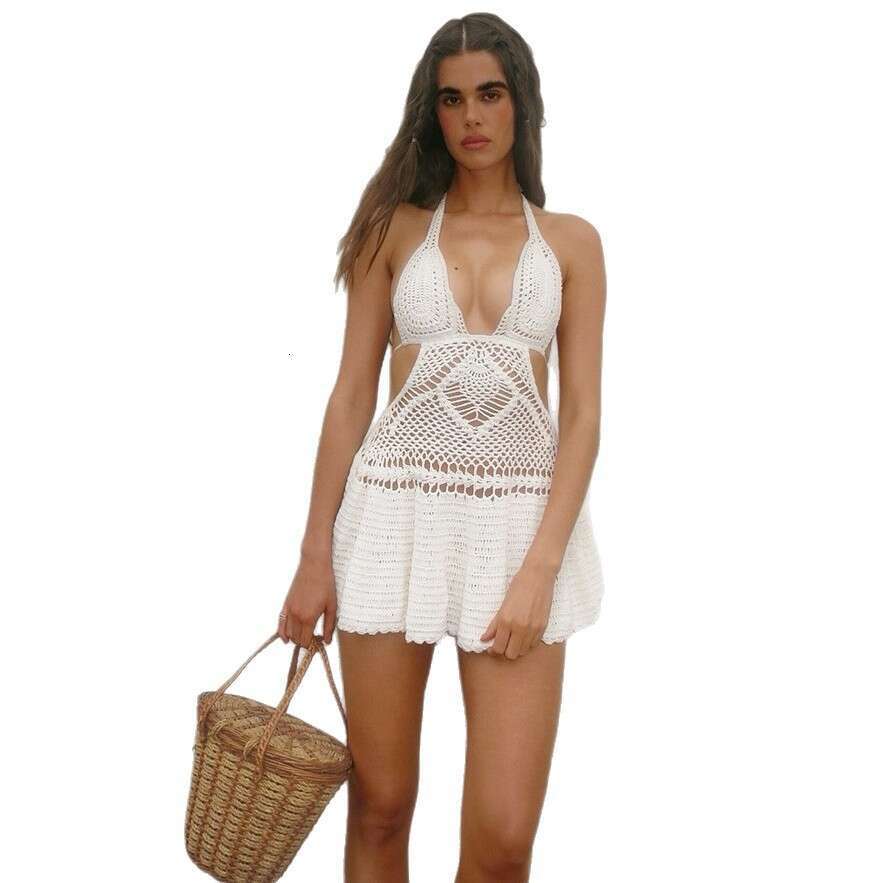 Sexy Knitted Beach Cover-Up Dress Bikini Swimsuit Sun Protection Set For Women Summer Vacation