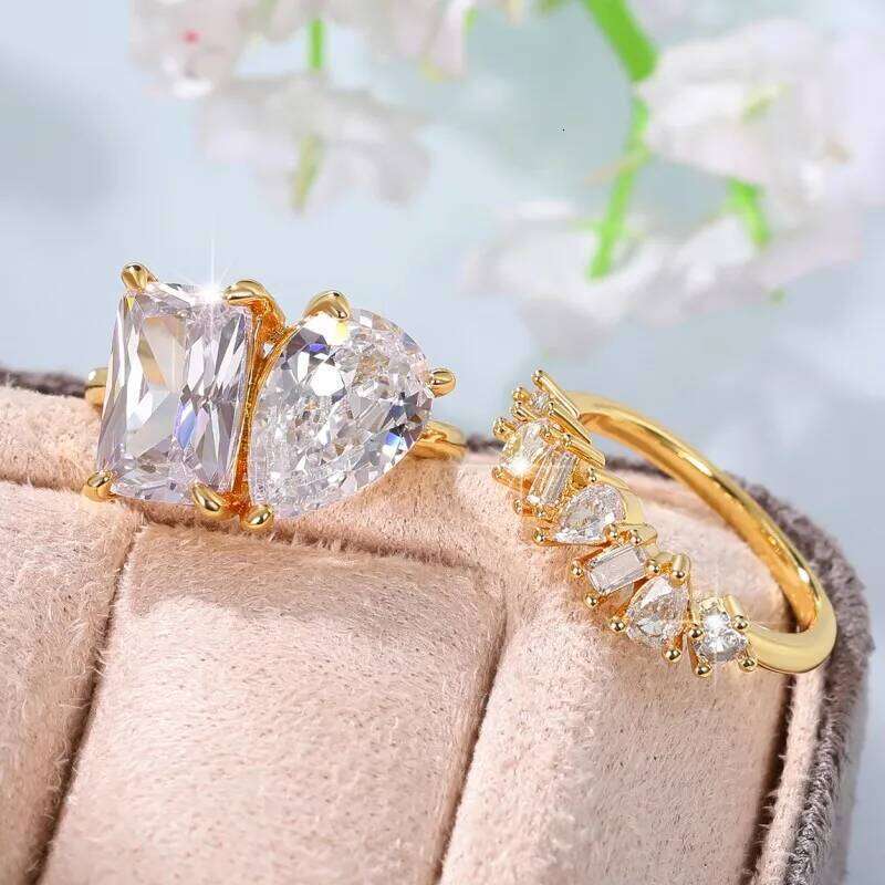 Huitan Waterdrop Rectangle Cubic Zircon Set Rings for Women Gold Color 2023 New Wedding Party Accessories Fashion Female Jewelry H260312