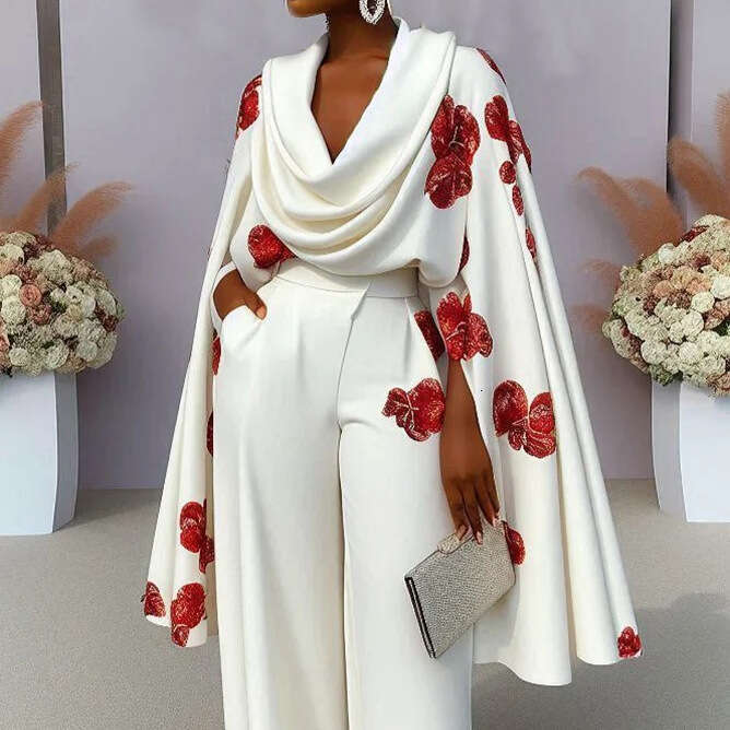 European And American Women S Fashion New Product Printed Pile Collar Sleeve Two Piece Long Pants Set