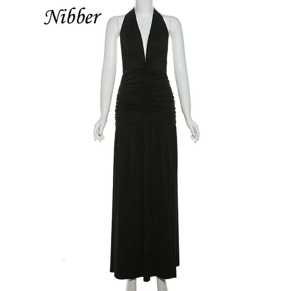 Nibber Elegant Women Long Dresses Solid Hipster Halter V-neck Backless Shirring Side Split Vestidos Female High Street New Robe C260312