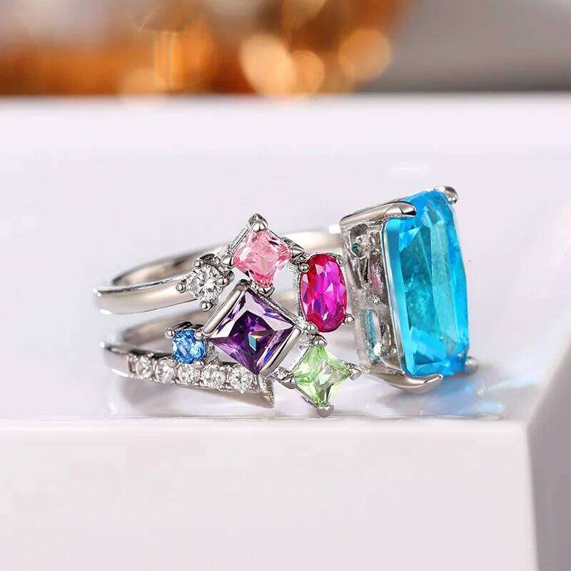 Huitan Geometric Colorful CZ Women 2023 Bright Bridal Rings for Wedding Party One Size Opening Resizable Fashion Jewelry H260312