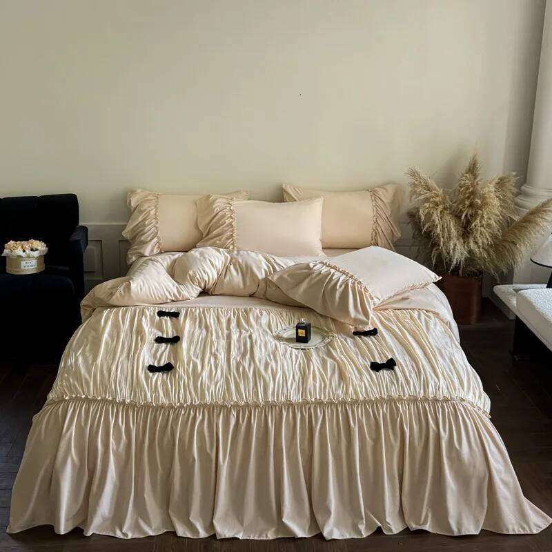 Vintage French Large Ruffles Black Bow Princess Bedding Duvet Cover Set Flat/Fitted Bed Sheet Pillowcases 4Pcs H260312