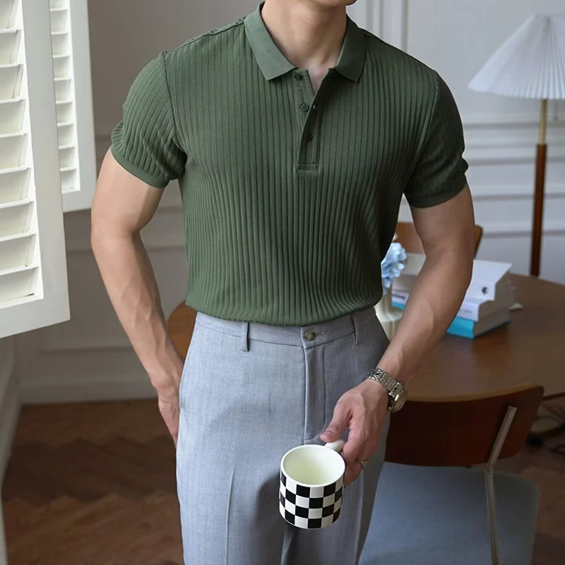 Vertical Stripe Knit Polo Mens Shirts Summer Slim Solid Color Breathable Turn-Down Collar Business Short Sleeve Polo Tops 260311