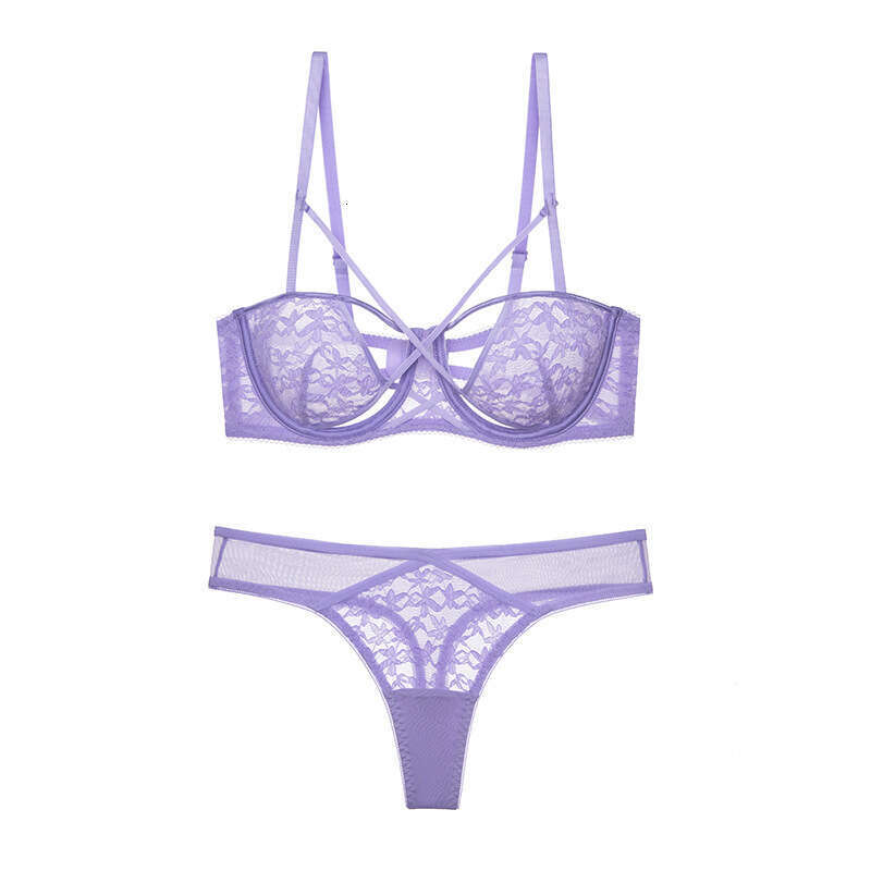 Women Elegant Lace Bra and Panty Set with Criss-Cross Detail Sheer Underwire Lingerie for Confident Everyday Glamour