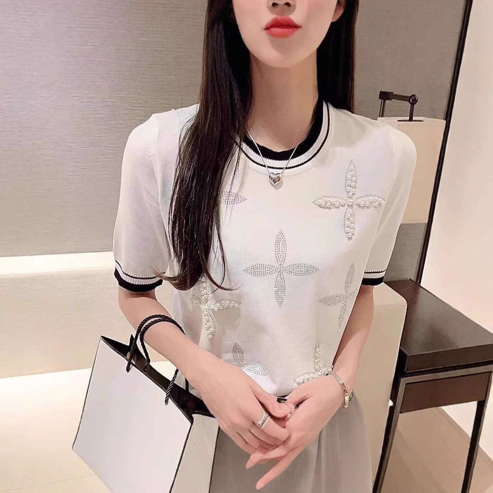 New Model Ice Silk Short-Sleeve Knit For Women, Summer New Style, Heavy-Duty Beaded And Rhinestone-Embellished Casual Thin Top
