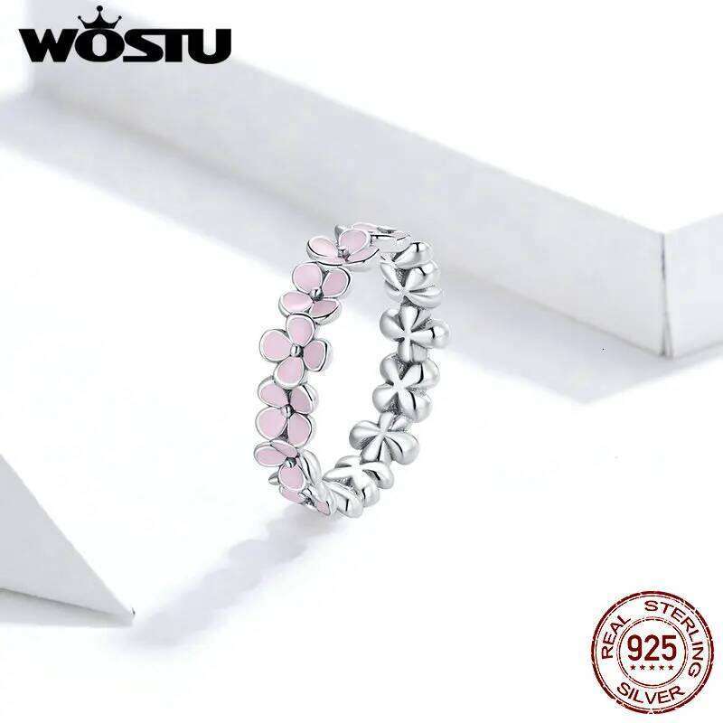 WOSTU Silver 925 Ring Pink Zircon Daisy Flower Enamel Rings For Female Fingers Original Wedding Engagement Jewelry Gift H260312