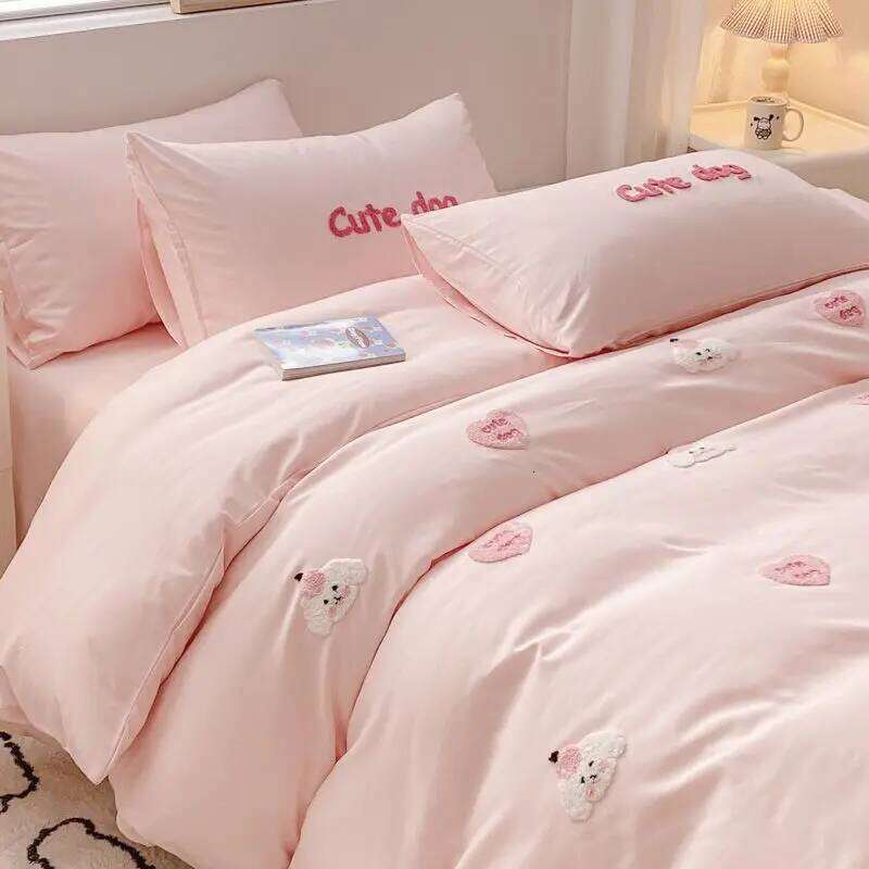 Ins Girly Heart Towel Embroidery Bedding Four-piece Soft Washed Cotton Bed Sheet Quilt Cover Three-piece Set H260312