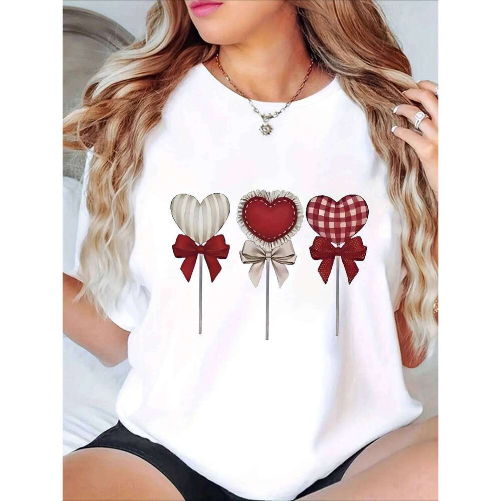 Women's Round Neck Short Sleeve Design Featuring Heart-Shaped Lollipops Perfect for Casual Comfort in Summer Heart Pattern Tops Z260312